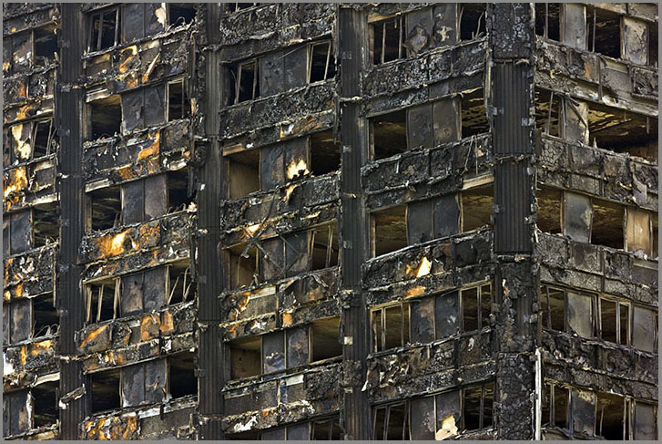 15 June 2017. The burnt out shell of Grenfell Tower.