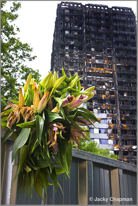 Photographed just over 3 weeks after the Grenfell Tower fire. 9 July 2017